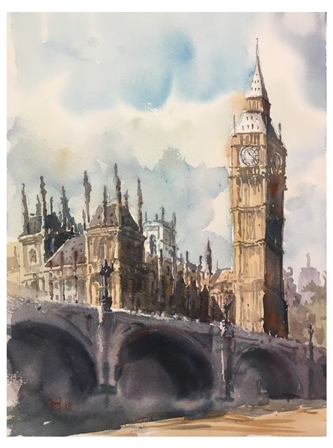 Big Ben London Watercolour by Brian Tai London Aesthetic Vintage, London Artwork, London Drawing, Chill Wallpaper, London Painting, England Art, Watercolour Card, Big Ben London, History Art