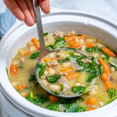 Warm up with this Healthy Turkey + Sausage + Spinach + White Bean Soup! | Clean Food Crush Turkey Sausage Spinach White Bean Soup, Clean Food Crush Recipes Soup, Turkey Spinach Soup, Spinach White Bean, Mindful Recipes, Dinner Soups, Sausage White Bean, Sausage Spinach, Clean Dinners