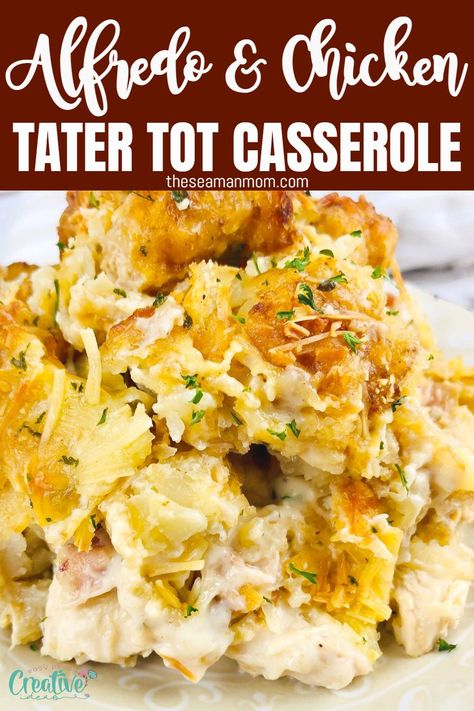 Alfredo Chicken Tater Tot Casserole, Tator Tot Chicken Alfredo, Alfredo Tater Tot Casserole, Cracked Out Chicken Tater Tot Casserole, Chicken Alfredo Tater Tot Casserole, Chicken Tatertot Casserole, Chicken And Tater Tot Casserole, Precooked Chicken Recipes, Cheesy Chicken Tater Tot Casserole