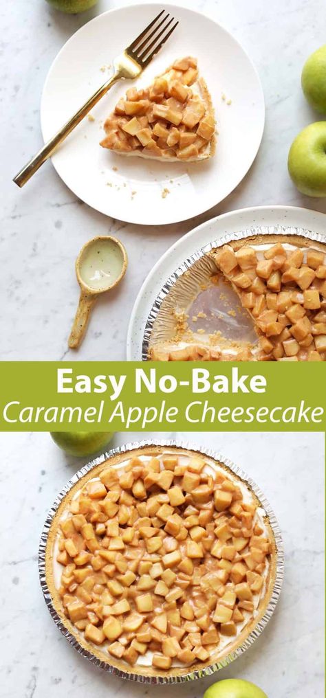 No Bake Caramel Apple Cheesecake, Easy Apple Cheesecake, Fall Cheesecake Recipes, Baked Apple Cheesecake, Caramel Apple Cheesecake Recipes, Apple Cheesecake Recipes, Fall Cheesecake, Thanksgiving Cheesecake, Baked Caramel Apples