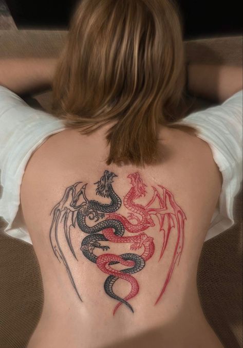 Dragon Tattoo With Wings, Chest Tattoo Female Upper, Dragon Tattoo Back, Black Dragon Tattoo, Dragon Tattoo Meaning, Maching Tattoos, Flower Spine Tattoos, Red Dragon Tattoo, Two Dragons