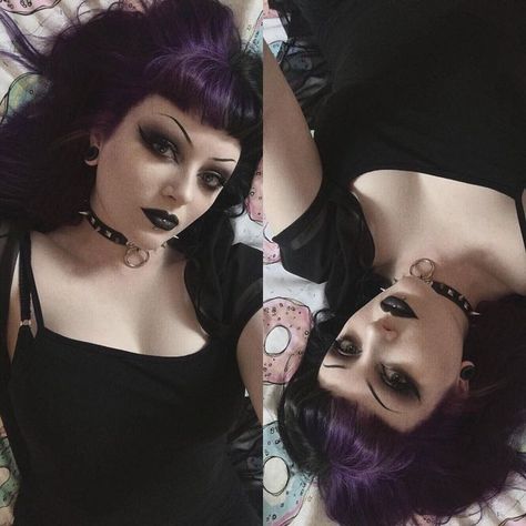 Goth Dyed Hair Ideas, Purple To Black Hair, Purple Half And Half Hair, Hair Colors With Black, Purple And Black Split Dye Short Hair, Black Hair With Purple Roots, Purple Split Dyed Hair, Black And Purple Split Dye, Purple Alt Hair