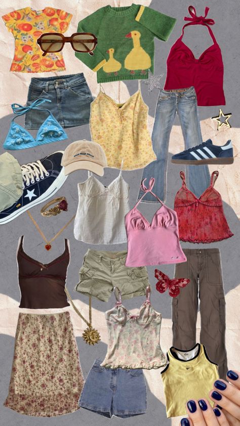 cute summer fits Cute Outfits For The Summer, Summer Fits Vintage, Y2k Summer Fits, Summer Thrift Outfits, 2000s Summer Outfits, Funky Summer Outfits, 2000s Summer Fashion, Summer Inspo Outfits, Indie Summer Outfits