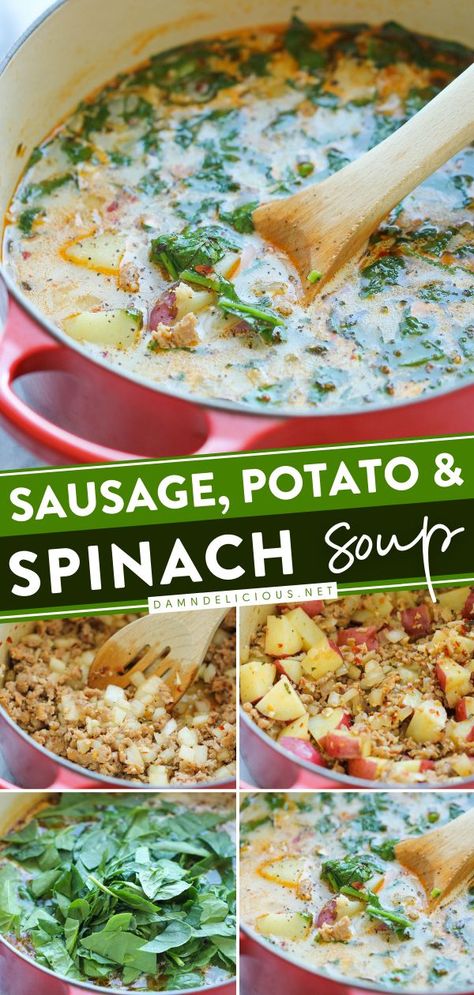 SAUSAGE, POTATO AND SPINACH SOUP,  comfort food recipes, simple dinner recipes Potato And Spinach Soup, Sausage Potato, Comforting Soup, Sausage Potatoes, Spinach Soup, Comfort Soup, Think Food, Soup And Sandwich, Delicious Soup