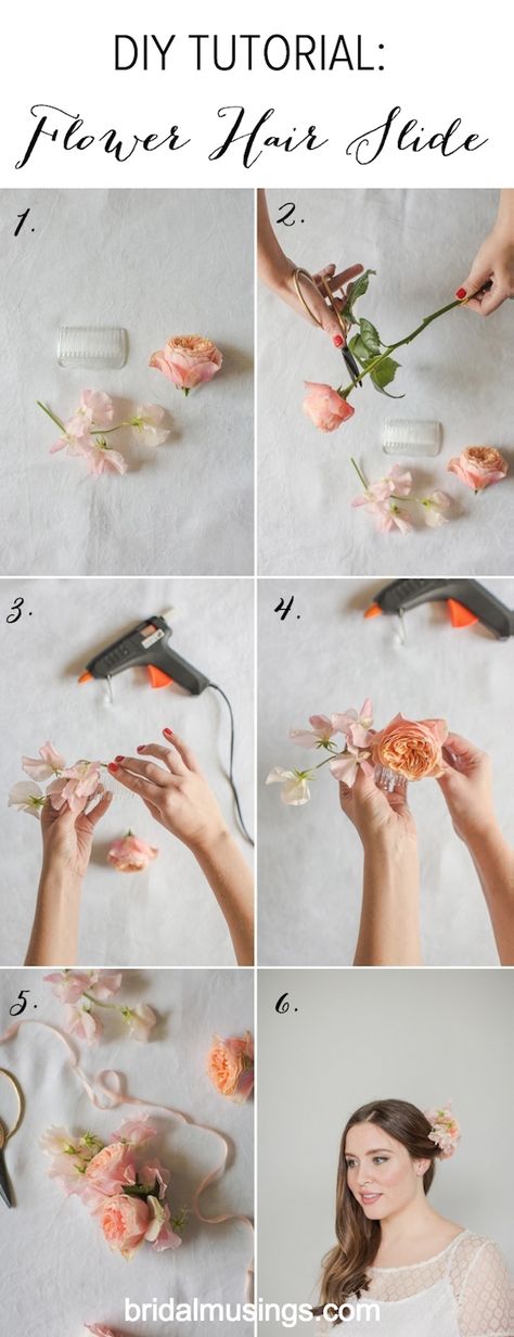 Bridal Musings DIY Flower Hair Slide Tutorial Wedding Flowers Diy, Diy Wedding Hair, Fleurs Diy, Floral Hair Combs, Floral Accessories Hair, Flower Comb, Diy Bridal, Bridal Musings, Flower Hair Comb