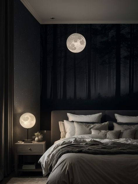 Bedroom Moon Aesthetic, Night Court Bedroom, Acotar Bedroom, Moon Themed Bedroom, Night Forest Wallpaper, Forest Room Aesthetic, Cozy Kitchen Ideas, Garage Door Ideas, Door Decor Ideas