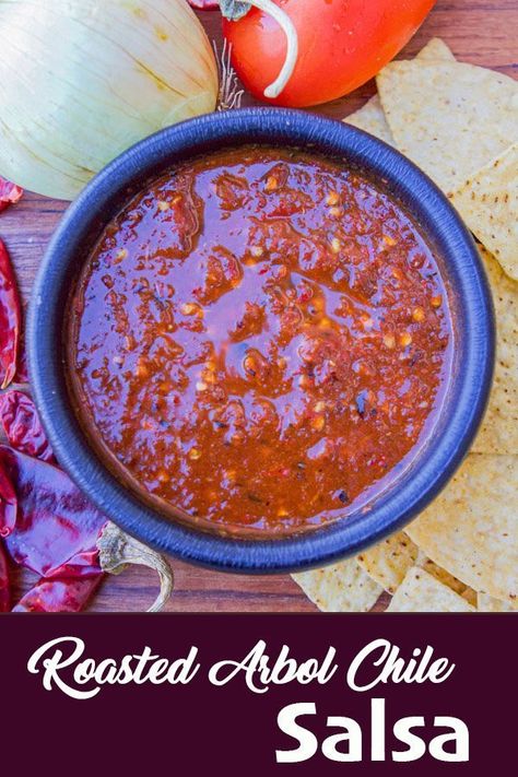 Roasted Salsa Recipe (using Arbol chiles) | Hilda's Kitchen Blog | Spicy, smokey, and oh so tastey Arbol Chile Salsa! #spicysalsa #Arbolchiles #roastedchilerecipe #hildaskitchenblog Rojo Salsa Recipe, Smokey Salsa Recipe, Chile Arbol Salsa Recipe, Chile Rojo Salsa, Salsa Rojo Recipe, Arbol Salsa Recipe, Fire Roasted Salsa Recipe, Spanish Sauce Recipe, Chile Salsa Recipe