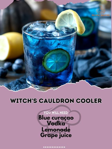 🧙‍♀️ "Bubble, bubble, here’s some trouble! The Witch's Cauldron Cooler will cast a spell on your taste buds! 🍇🧊 #WitchsCauldronCooler #PotionPerfection" Witch's Cauldron Cooler Ingredients: Blue curaçao (1 oz) Vodka (2 oz) Lemonade (3 oz) Grape juice (1 oz) Ice (as needed) Lemon slice (for garnish) Instructions: Fill a glass with ice and add vodka and blue curaçao. Top with lemonade and grape juice. Stir gently and garnish with a lemon slice. 🌟 "This cooler blends mystical colors and ench... Pub Cocktails, Halloween Themed Drinks, Witch's Cauldron, Halloween Drinks Alcohol, Witchs Cauldron, Magical Halloween, Pretty Alcoholic Drinks, Cocktail Drinks Alcoholic, Bubble Bubble