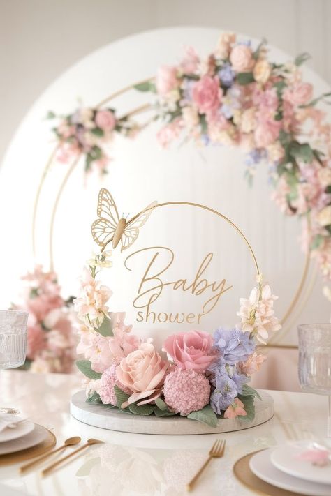 Butterfly Baby Shower Centerpiece: Bring a sense of lightness and beauty with a butterfly-themed centerpiece. Use faux butterflies attached to branches or flower arrangements to create a whimsical, nature-inspired look. This airy, delicate design is perfect for a spring or garden-themed baby shower. Butterfly Party Centerpieces, Unique Centerpiece Ideas, Butterfly Baby Shower Centerpieces, Baby Shower Centerpiece Ideas, Garden Baby Shower Theme, Butterfly Centerpieces, Butterfly Baby Shower Theme, Storybook Theme, Butterfly Baby Shower