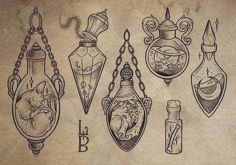 Witchy Bottles Drawing, Vile Tattoo Design, Gothic Potion Bottle Tattoo, Witchy Bottle Tattoo, Witch Potion Tattoo, Witch Bottles Drawing, Witch Tattoo Filler, Witch Bottle Tattoo, Potion Bottle Sketch