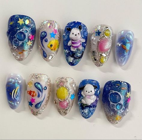 Pochacco Characters, 3d Pochacco, Pochacco Nails, Bubble Nail Art, Fish Nail Art, Nail Makeover, Fish Nails, 3d Nail Designs, Simple Gel Nails