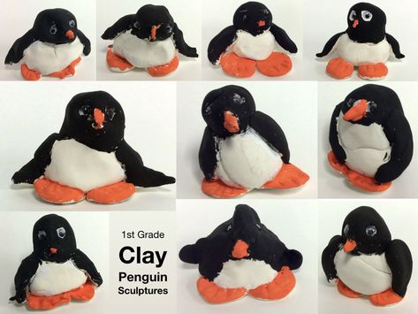 1st Grade Clay Penguins - Dryden Art Art For 1st Grade, Winter Read Alouds, Clay Penguin, Science Art Projects, Steam Art, Clay Bear, Art Cabinet, Kindergarten Art Projects, Model Magic