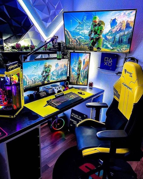 Gaming Computer Setup, Games Room Inspiration, Small Game Rooms, Gaming Desk Setup, Gamer Setup, Streaming Setup, Video Game Room Design, Desktop Setup, Computer Room