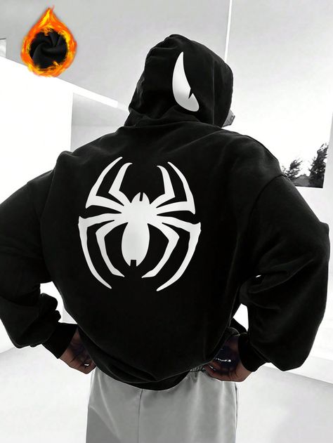 Men's Spider Graphic Printed Simple Daily Hooded Long Sleeve Sweatshirt, Halloween Clothes, Zipper Going Out Hoodie Black Casual  Long Sleeve Knitted Fabric Cartoon,Colorblock  Non-Stretch Fall/Winter Men Clothing, size features are:Bust: ,Length: ,Sleeve Length: Spider Graphic, Spiderman Hoodie, Aesthetic Hoodies, Halloween Clothes, Shein Outfits, Sweatshirt Halloween, Upcycled Fashion, Zip Up Hoodies, Long Sleeve Sweatshirt