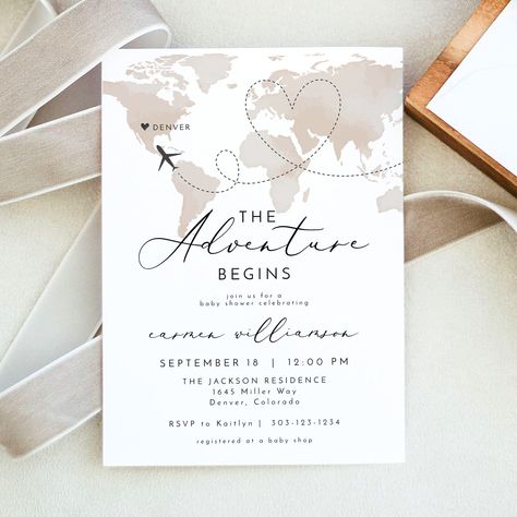 "𝐒𝐀𝐕𝐄 𝐀𝐍 𝐄𝐗𝐓𝐑𝐀 𝟏𝟎% ⮕ https://bit.ly/3EWroZC This DIY PRINTABLE adventure baby shower invitation template features a beige world map and elegant calligraphy font. Use this template to edit the fonts, font color, and background color to match your event needs. Move the heart and destination around to highlight your wedding location. Resize and move the map to find your location. This template can be accessed through TEMPLETT.COM; an online editor where you can edit without downloading any additional software or fonts. You will receive an email from TEMPLETT.COM just moments after purchase to edit your template.  Download and print at home or with a professional service/local print shop. Save on paper and postage and send via text or email. ✅INSTANT ACCESS ✅NO EXPIRATION DATE ✅ED World Traveler Baby Shower Theme, Baby Shower Adventure Theme, Travel Theme Baby Shower Ideas, Our Greatest Adventure Baby Shower Theme, Adventure Awaits Baby Shower Ideas, Greatest Adventure Baby Shower Theme, Beige World Map, Travel Baby Shower Invitations, Travel Themed Baby Shower