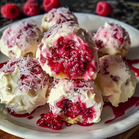 Raspberry Cream Cheese Bites - A Delightful Treat! - Recipes By Clare Raspberry Chocolate Bites, Raspberry White Chocolate Cheesecake Balls, Raspberry Cheesecake Balls, White Chocolate Raspberry Cheesecake Balls, Raspberry Bites, Cheesecake Truffles Recipe, Cream Cheese Bites, Raspberry Cheesecake Bites, Boston Cream Pie Cupcakes