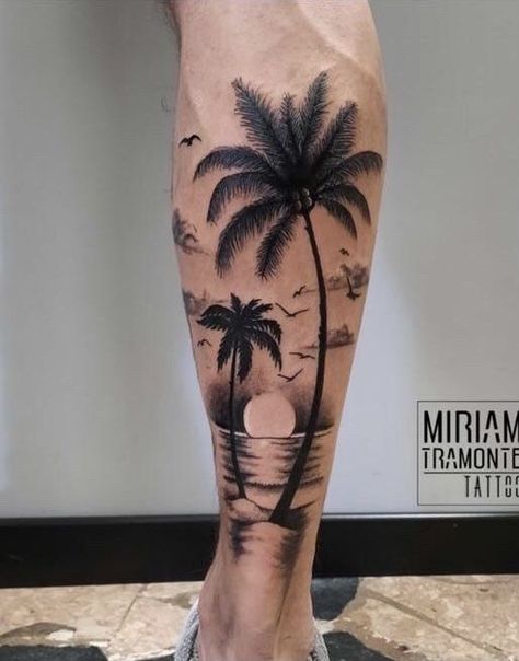 Strand Tattoo, Calf Sleeve Tattoo, Stencils Art, Calf Tattoo Men, Beachy Tattoos, Tattoo Homme, Tattoo Unique, Sunset Tattoos, Palm Tattoos