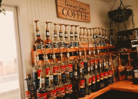 Syrup Rack Coffee Shop, Cafe Organization Coffee Shop, Coffee Shop Truck Mobile Cafe, Coffee Shop Syrup Display, Coffee Drive Thru Ideas, Coffee Stand Drive Thru, Coffee Trailer Ideas Mobile Cafe, Coffee Trailer Design, Snack Shack Ideas