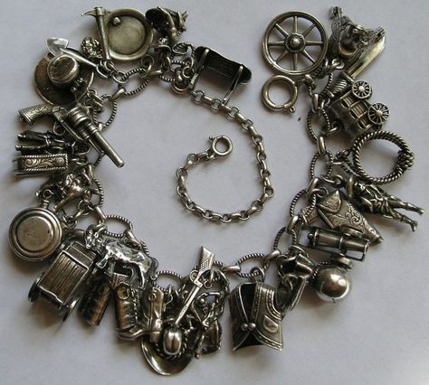 vintage cowboy theme | vintage silver "cowboy" themed bracelet...perfect accessory for a ... Country Girl Jewelry, Sterling Silver Charm Bracelets, Jewelry Making Instructions, Puffy Heart Charms, Vintage Sterling Silver Charms, Vintage Charm Bracelet, Old Memories, Sterling Silver Charm Bracelet, Assemblage Jewelry