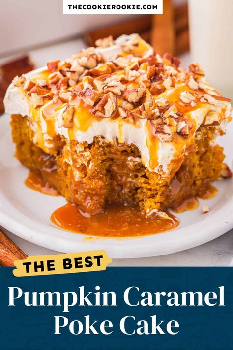 This Pumpkin Caramel Poke Cake recipe takes a box of butter pecan cake mix and turns into the fall dessert of your dreams! Pumpkin puree, pumpkin pie spice, caramel, and a few other ingredients dress up this cake, with cream cheese frosting and chopped nuts for a beautiful finish. Poke Cake Thanksgiving, Pumpkin Caramel Cream Cheese Poke Cake, Pumpkin Pecan Pudding Cake, Pumpkin Dessert Recipes With Cake Mix Boxes, Carmel Pumpkin Cream Cheese Poke Cake, Pumpkin Spice Poke Cake With Caramel, Pumpkin Poke Cake With Yellow Cake, Spice Cake Mix With Pumpkin Puree, Carmel Pumpkin Poke Cake Recipe