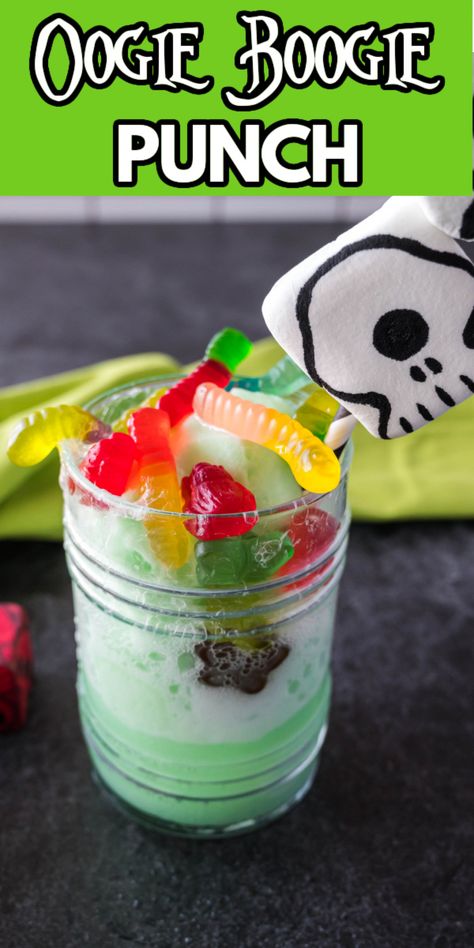 Oogie Boogie Punch Oogie Boogie Jello, Frogs Breath Punch, Oogie Boogie Cocktail, Gummy Worm Punch, Oogie Boogie Jello Shots, Spooky Night With Friends Food, Oogie Boogie Food, Halloween Movie Party Food, Nightmare Before Christmas Punch