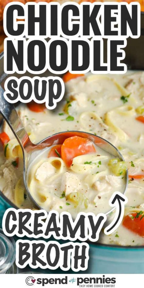 Creamy chicken noodle soup is a warm and cozy upgrade to a traditional favorite. Carrots, celery, and onions are sautéed in butter before being simmered with tender chicken in a flavorful broth. A splash of heavy cream makes it extra rich, and the pasta noodles soak up all that goodness. You can add extra veggies or try different herbs, taco, or curry spices for a fun twist. It’s a homemade meal that’s sure to become an all-time favorite with your family. #spendwithpennies Creamy Italian Chicken Noodle Soup, Hi Ken Noodle Soup, Chicken Noodle Stew, Chicken Noodle Soup Homemade Crockpot, Chicken Broth Pasta, Crockpot Creamy Chicken Noodle Soup, Creamy Chicken Noodle, Homemade Chicken Noodle Soup Crockpot, Easy Chicken Noodle Soup