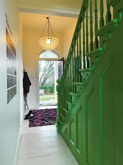 The colourful life of Anya Brighouse - thisNZlife Small Staircase Ideas, Staircase Banister Ideas, Painted Banister, Painted Stair Railings, Cottage Stairs, Painted Staircases, Snug Room, Colourful Life, Painted Stairs