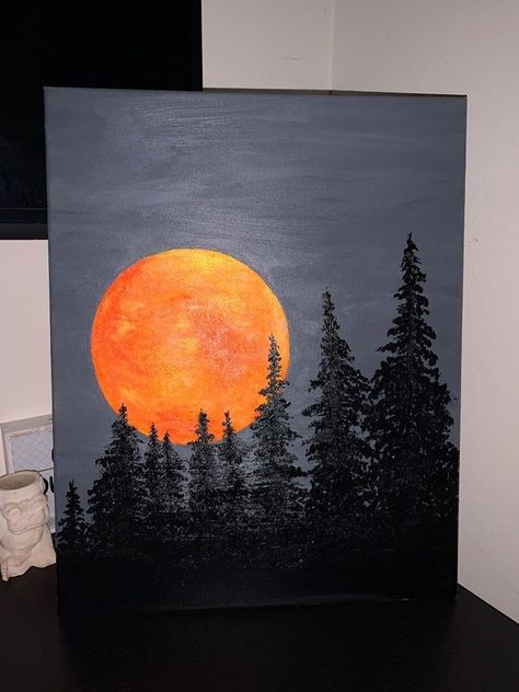 Dark Color Painting Ideas, Easy Paintings For Guys, Acrylic Canvas Ideas, Simple Moon Painting, Nature Art Painting Acrylic, Night And Day Painting, Painting Ideas Moon, Paintings For Guys, Canvas Painting Moon