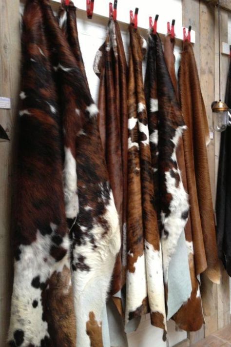 Cowhide Rug Store Display, Cowhide Display Ideas, Diy Cowhide Rug, Cowhide Projects, Brown Leather Sofa Living Room, Daisy Ideas, Cowhide Decor, Glass House Design, Taxidermy Decor