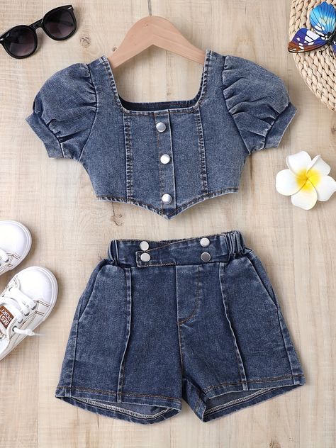 Faster shipping. Better service Kids Outdoor Clothes, Toddler Summer Outfits, Girls Denim Shorts, Toddler Summer, Denim Crop Top, Seluar Pendek, Y2k Denim, Dressy Fashion, Crop Top And Shorts