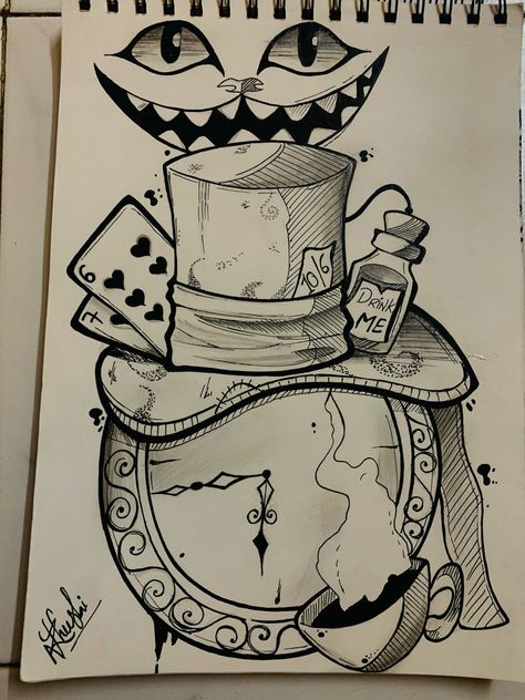 Tim Burton Doodles Easy, Tim Burton Art Ideas, Disney Villains Sketches, Tim Burton Art Drawings, Alice In Wonderland Drawing Easy, Alice In Wonderland Drawing Ideas, Tim Burton Dibujos, Alice In Wonderland Sketches, Creepy Clock