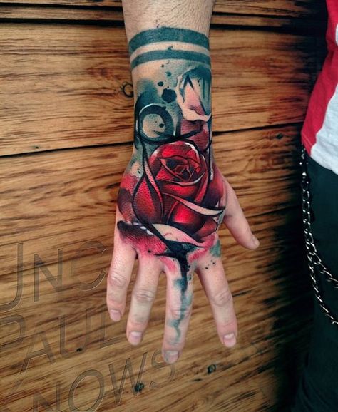 Watercolor rose hand tattoo - 60 Eye-Catching Tattoos on Hand  <3 <3 Tatuaje Trash Polka, Herren Hand Tattoos, Rose Hand Tattoo, Tato Henna, Hand Tats, Flower Tattoo Arm, Hand Tattoos For Women, Trash Polka, Tattoo Cover