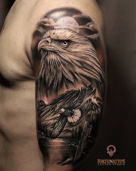 Eagle With Mountains Tattoo, Eagle Tattoo Shoulder, Eagle Shoulder Tattoo, Rip Tattoos For Dad, Eagle Head Tattoo, Bald Eagle Tattoos, Tattoo Eagle, Adler Tattoo, Hirsch Tattoo