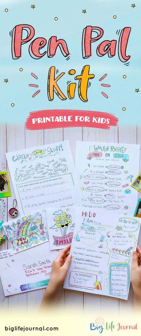 Finding and cultivating a pen pal friendship for your child can be a wonderful experience!  Looking for ideas? The Pen Pal Printable Pack includes ideas on what to write about as well as fun cards to fill out, color and mail to your new pen pal. :) Pen Pals Elementary School, Pen Pal Package, Cousin Pen Pal Ideas, Pen Pal Crafts, Stationary Pal, Pen Pal Ideas, Artistic Letters, Letter Writing Kit, Big Life Journal