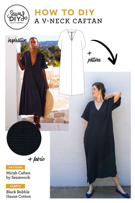 Easy Sewing Dress, Caftan Dress Pattern, Caftan Sewing Pattern, Beginner Dress Pattern, Caftan Pattern, Sewing Atelier, Easy Diy Fashion, Summer Dresses Diy, Cloth Patterns