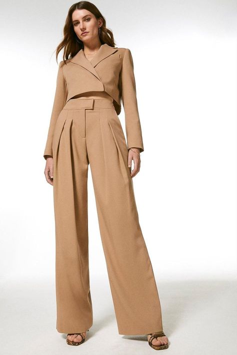 [Promotion] Head Into The New Season In These Statement-Making High-Waisted Trousers. Detailed With A Pleated Accent, Bar Closure And Relaxed Shape, They Pair Beautifully With The Coordinating Cropped Blazer. #trouserpantspattern2023 Trouser Pants Pattern, Wide Leg Trousers Outfit, Trouser Outfit, Cropped Blazer, Karen Millen, Pants Pattern, Tailored Trousers, High Waisted Trousers, Work Outfits