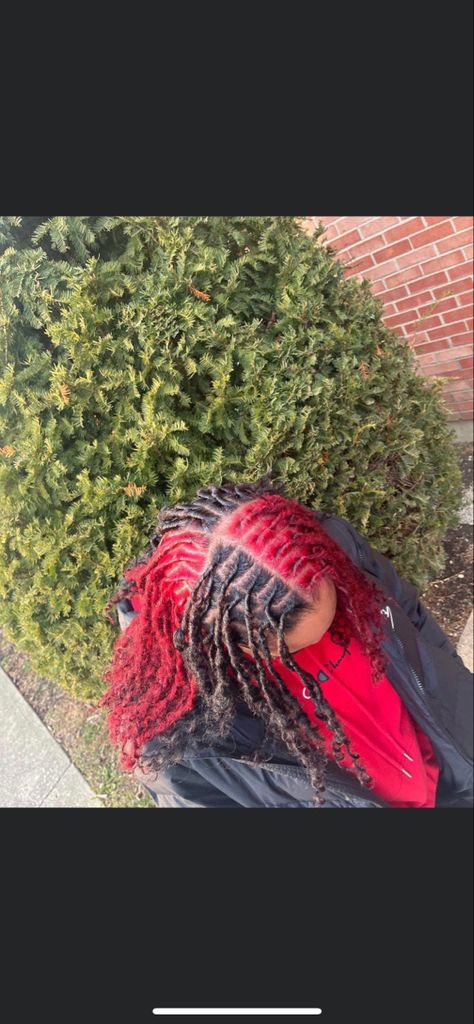 Checkered Dyed Hair, Peekaboo Color On Locs, Peekaboo Locs Red, Peekaboo Hair Color Dreads, Red Loc Extensions, Two Color Hair Dye Ideas Locs, Red And Black Dreadlocks, Half Dyed Locs Black And Ginger, Half Red Half Black Locs