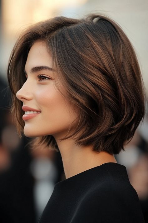 Layered Short Thick Hair, Shoulder Length Hair Short Neck, Tapered Bob Haircut Shoulder Length, Fall Balayage Short Hair, Best Hair For Round Face Shape, Brunette Short Hair With Highlights, Short Haircut Ideas Layers, Thick Hair Haircut Short, Short Bob Layers