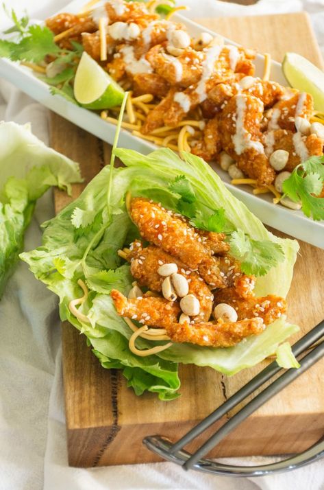 Szechuan Chicken Lettuce Wraps, Tofu Lettuce Wraps, Thai Chicken Lettuce Wraps, Szechuan Chicken, Lettuce Wraps Recipe, Chicken Lettuce Wraps Recipe, Salads For Parties, Salad With Chicken, Spring Roll Recipe