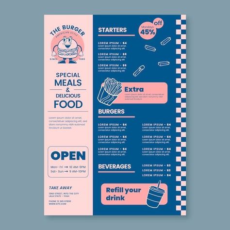 90s Menu Design, Cartoon Menu Design, Retro Menu Design Layout, Food Menu Graphic Design, Deli Menu Design, Illustration Menu Design, Restaurants Menu Design, Vintage Menu Design Retro, Restaurant Menu Layout