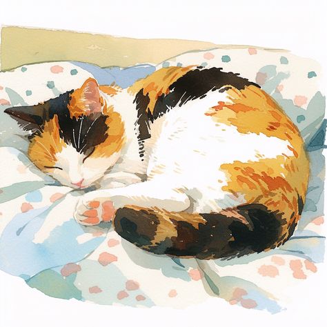 Kitty Sleeping Drawing, Calico Cat Watercolor Paintings, Calico Cat Sketch, Cat Art Digital, Sleep Cat Drawing, Calico Illustration, Watercolor Cat Tutorial, Calico Cat Illustration, Cat Sleeping Drawing