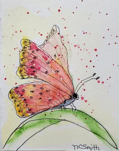 Watercolor Butterflies Tutorial, Watercolour Butterflies Painting, Happy Watercolor Paintings, Watercolor Pencils Art For Beginners, Watercolor And Pen Art Flowers, Butterfly Watercolor Painting Easy, Watercolor Butterfly Painting, Watercolor Doodles Flowers, Ink And Watercolor Art Ideas