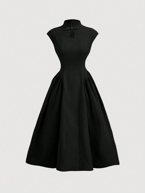 Women's Stand Collar Button Down Dress Black Elegant  Cap Sleeve Woven Fabric Plain A Line Non-Stretch  Women Clothing, size features are:Bust: ,Length: ,Sleeve Length: Orchestra Dress Black, Simple Elegant Black Dress, Elegant Day Dresses, Burgundy Dress Fall, Lawyer Dress, Vintage Retro Dress, Vestidos Retro, Lolita Outfits, Elegant Black Dress