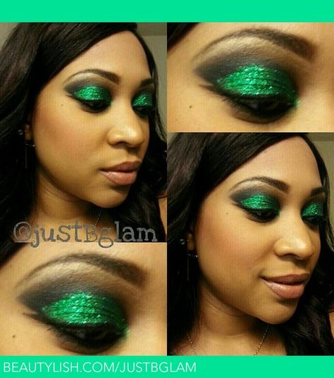 Emerald City Green Eye Makeup Black Women, Emerald Green Eye Makeup, Eye Makeup Black Women, Eye Makeup Black, Green Eye Makeup, Shadow Ideas, Glitter Smokey Eye, Green Shadow, Neutral Lips