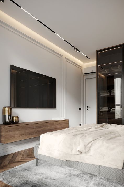 Interior Design Bedroom Classic, House Interior Classic Modern, Neoclassical Apartment Interior, Dark Moody Bedroom Ideas Modern, Neoclassical Bedroom Luxury, Modern Classic Interior Bedroom, Simple Luxury Bedroom, Bedroom New Classic, Modern Classic Bedroom Design