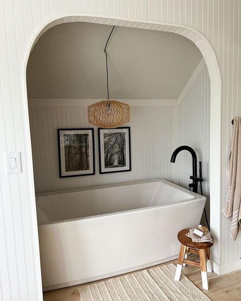 Kristen Reasch | DIY & Design on Instagram: "Who knew a tub in a closet area would work out so good!? Swipe to see the before! Luckily we were able to move the washer and dryer to the basement and create this space for the tub! It’s so dreamy and I’m in love!! The bathroom features are all from @american_standard! They include the Townsend tub, Rumson Faucets, Serin Bathtub filler, and Edgemere Toilet! Love the look and quality of their products! #ad #LoveAmericanStandard #bathroom #beforeandaf Basement Bathroom With Tub, Closet In Bathroom, Bathroom With Tub, Bathtub Filler, Flip House, Large Tub, Bathroom Features, Primary Bath, Soaker Tub