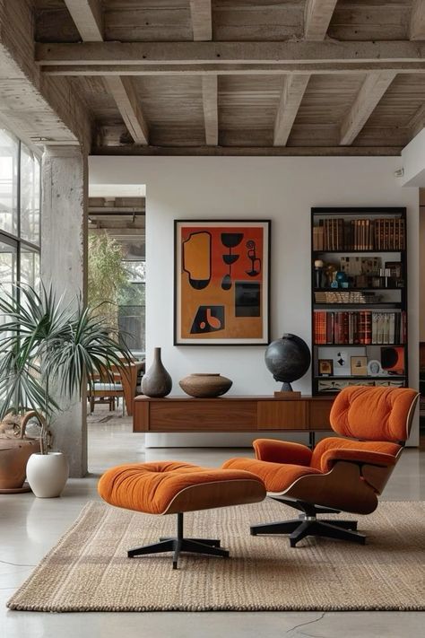 Modern Simple Home Design, Living Room Designs Mid Century Modern, Living Room Designs Modern Cozy, Modern Chairs For Living Room, Orange Interior Design, Mahogany Interior, Loft Living Room, Mid Century Office, Orange Rooms