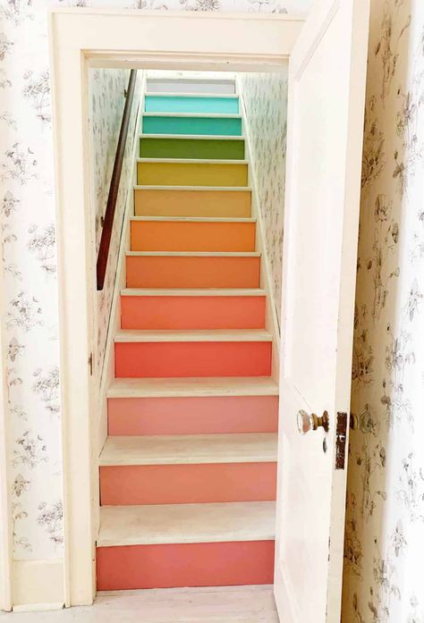 Rainbow Stairs DIY Painting Wooden Stairs, Cool Stairs, Rainbow Stairs, Yellow Stairs, Stairs Diy, Rainbow House, Behr Paint Colors, Muted Rainbow, Modern Farmhouse Home