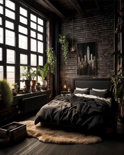 Dark Boho Bedroom, Industrial Style Bedroom, Dark Bedroom, Casa Country, Dark Home Decor, Industrial Bedroom, Dark Home, Black Bedroom, Romantic Bedroom