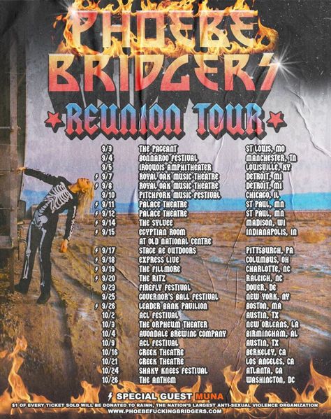 Phoebe Bridgers Announces 2021 U.S. 'Reunion Tour' Firefly Festival, Firefly Music Festival, Pitchfork Music Festival, Red Rock Amphitheatre, Alt Rock, Tour Poster, Phoebe Bridgers, Saint Paul Mn, Music Theater